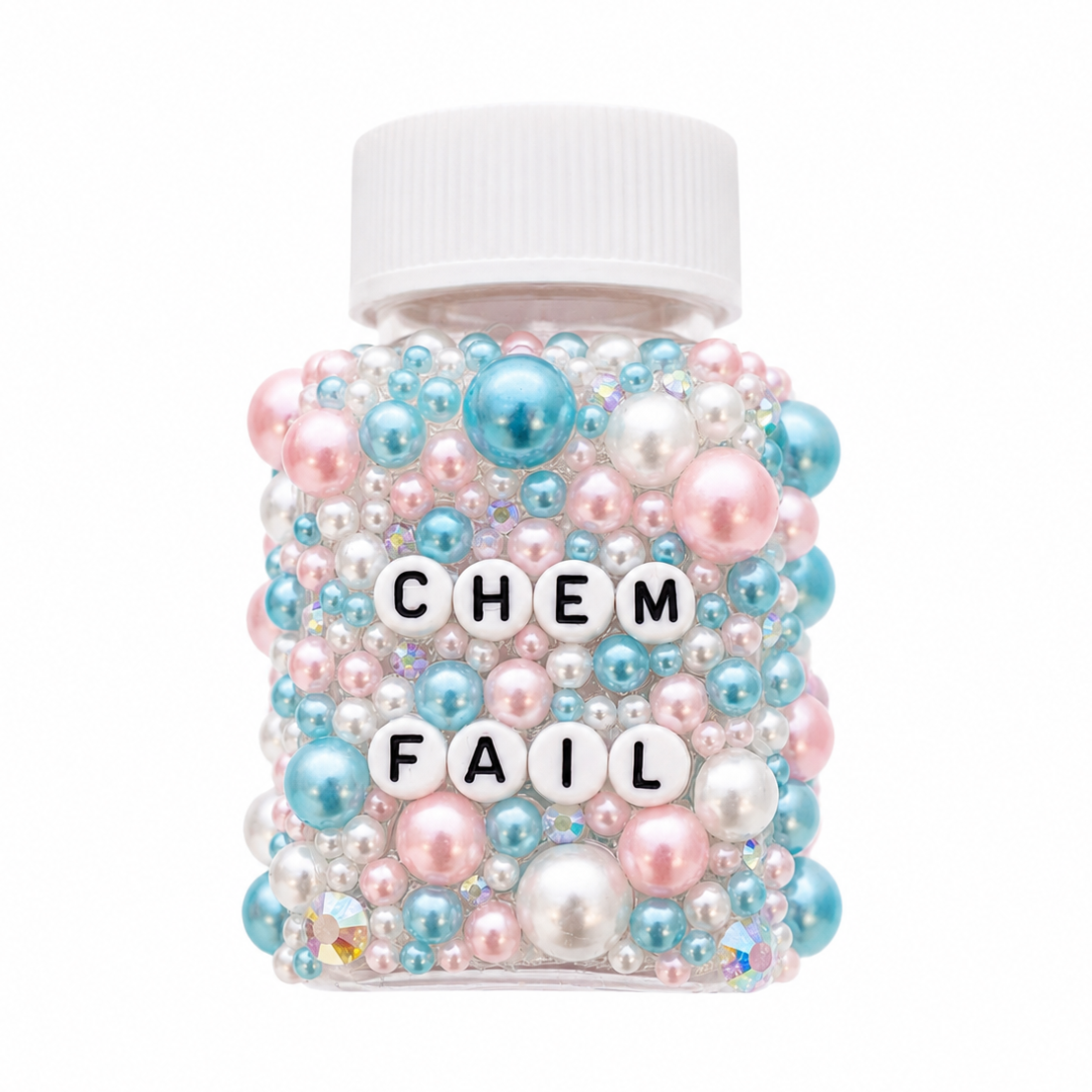 Decorative bottle with colorful beads and 'CHEM FAIL' text on a white background
