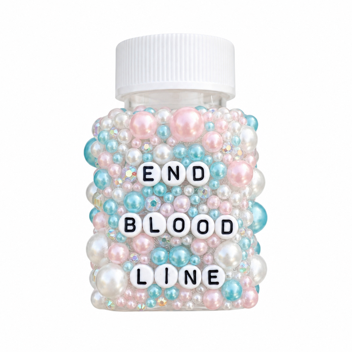 Decorative bottle with pastel beads and 'END BLOOD LINE' text on a white background