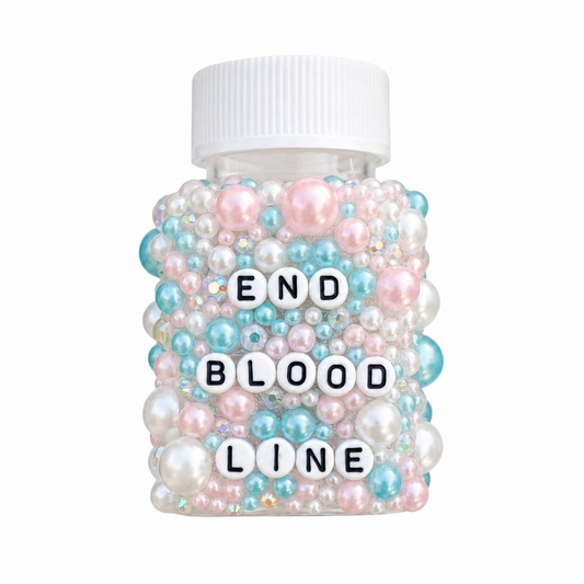 Decorative bottle with pastel beads and 'END BLOOD LINE' text on a white background