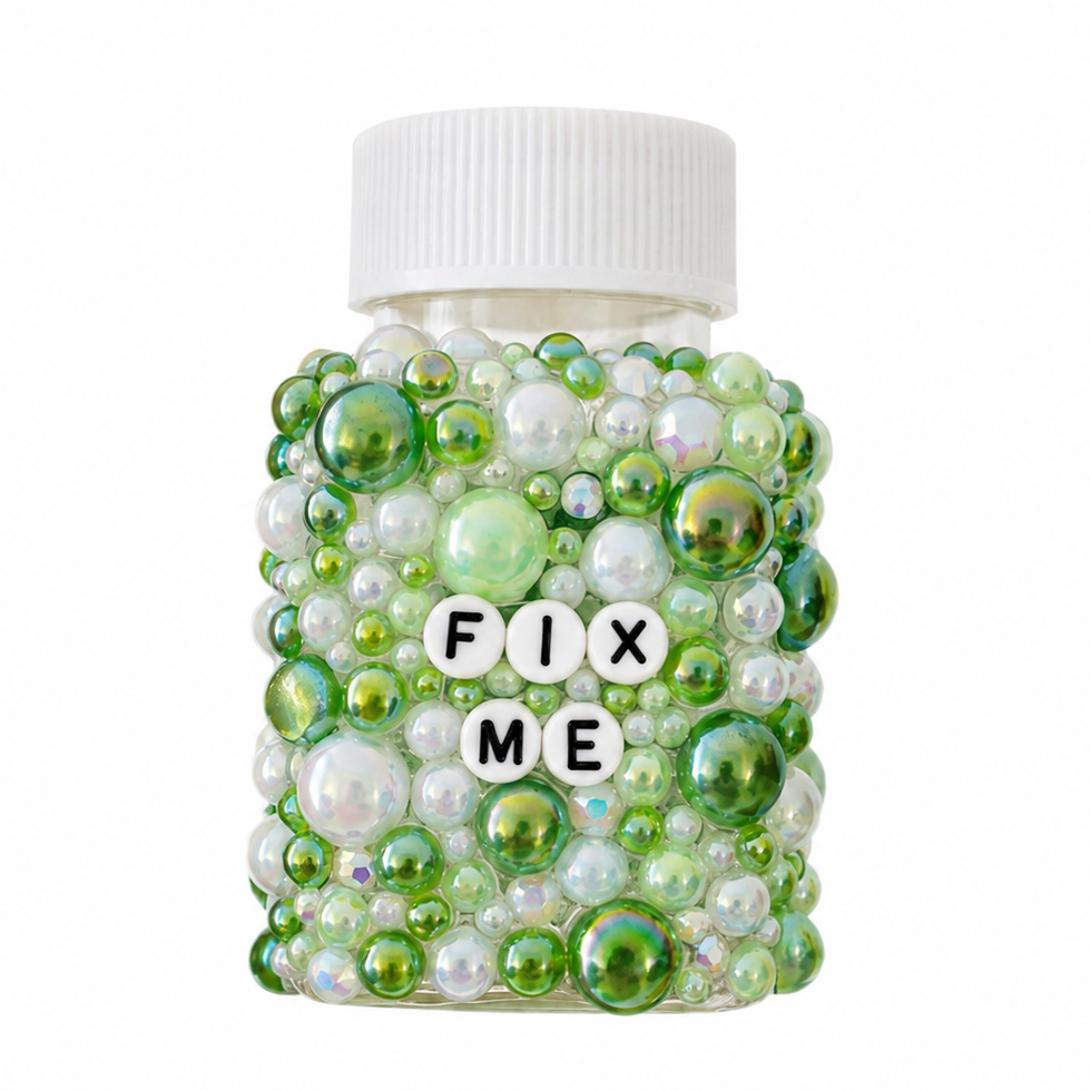 Jar with green and white beads and 'FIX ME' text on a white background