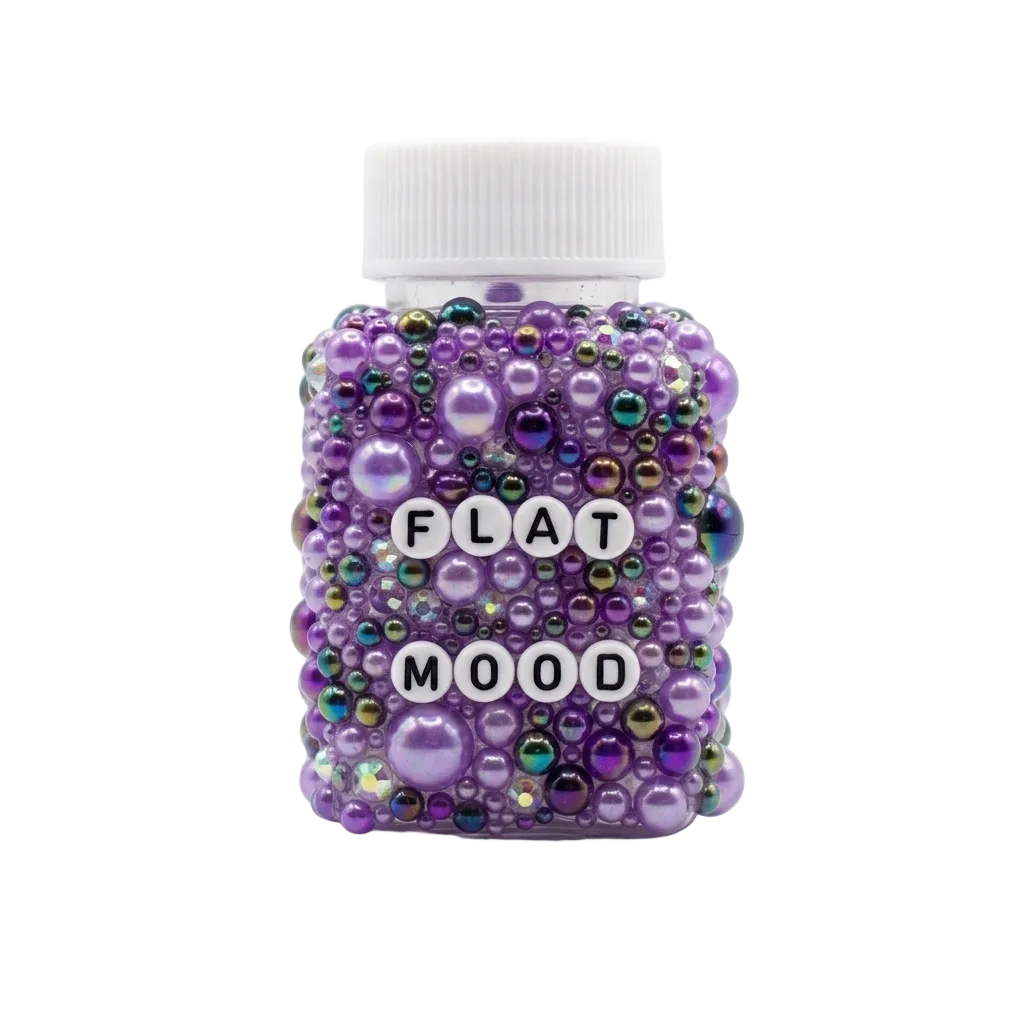 Purple bottle with decorative beads and 'Flat Mood' text on a white background