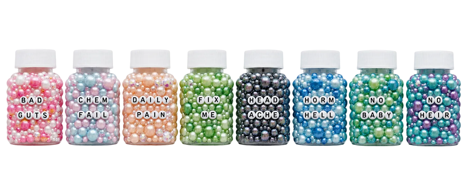 Set of colorful bottles with text labels on a white background