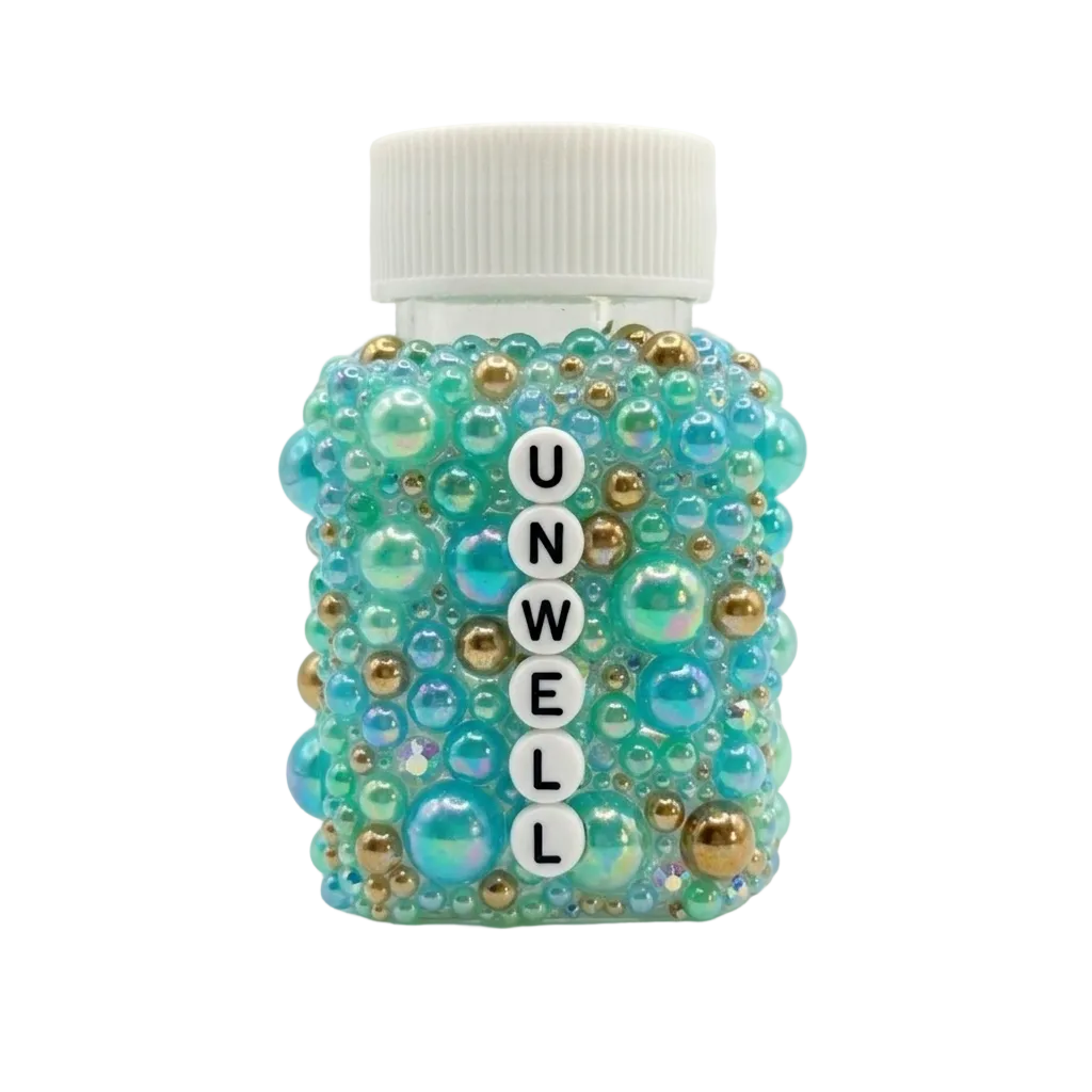 Decorative bottle with colorful beads and 'UNWELL' letters on a white background